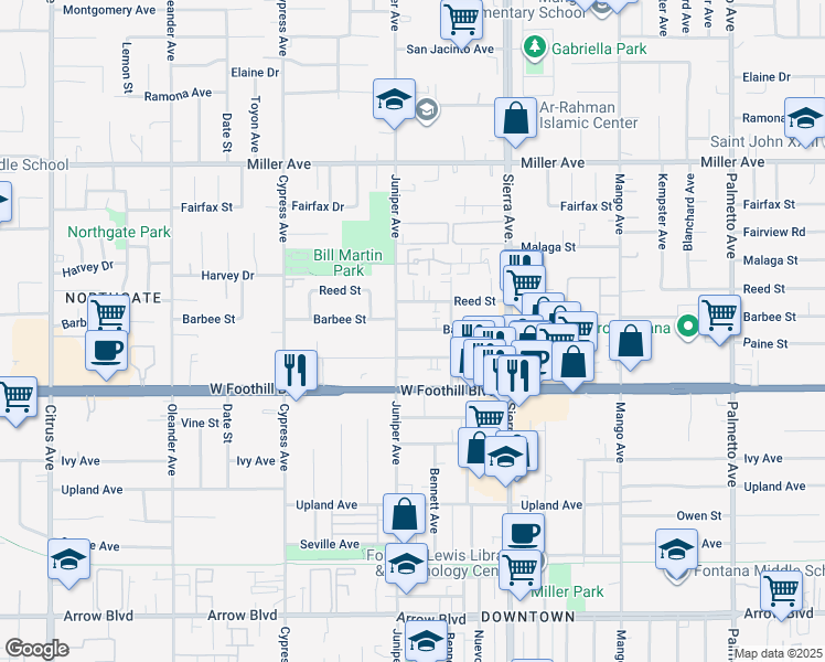 map of restaurants, bars, coffee shops, grocery stores, and more near 16731 Barbee Street in Fontana