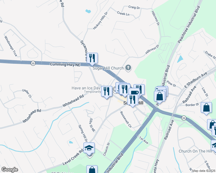 map of restaurants, bars, coffee shops, grocery stores, and more near 1164 Hillcrest Drive in Sugar Hill
