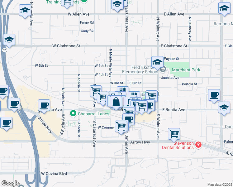 map of restaurants, bars, coffee shops, grocery stores, and more near 130 West 2nd Street in San Dimas