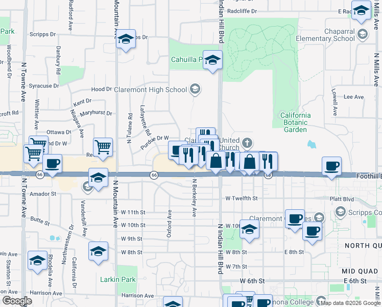map of restaurants, bars, coffee shops, grocery stores, and more near 501 West Foothill Boulevard in Claremont