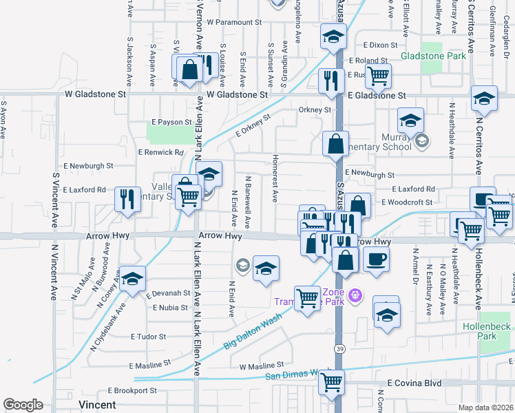 map of restaurants, bars, coffee shops, grocery stores, and more near 5247 North Banewell Avenue in Azusa