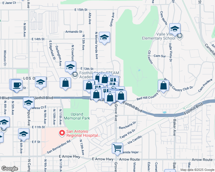map of restaurants, bars, coffee shops, grocery stores, and more near 1445 Foothill Boulevard in Upland