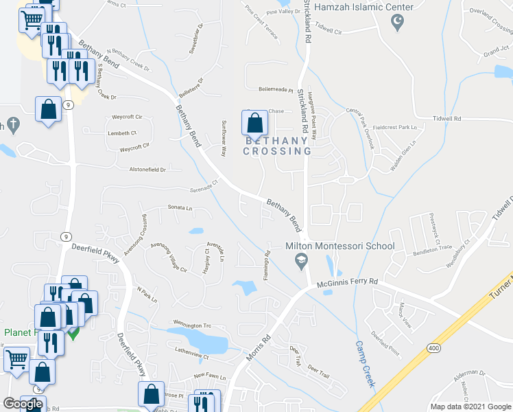 map of restaurants, bars, coffee shops, grocery stores, and more near 13493 Spring View Drive in Alpharetta