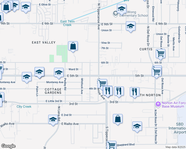map of restaurants, bars, coffee shops, grocery stores, and more near 24854 East 5th Street in San Bernardino