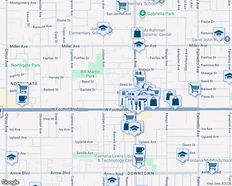 map of restaurants, bars, coffee shops, grocery stores, and more near 16809 Barbee Street in Fontana