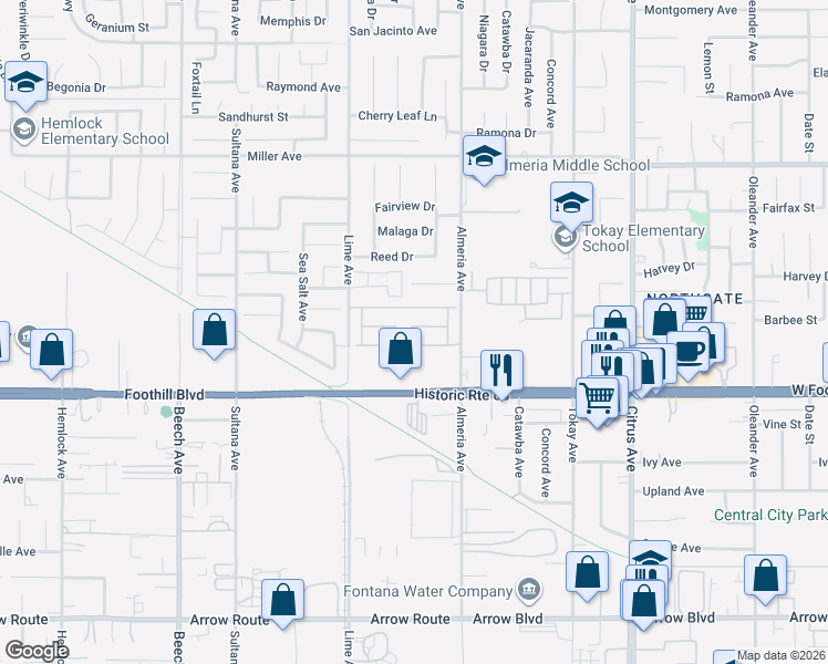 map of restaurants, bars, coffee shops, grocery stores, and more near 15723 Barbee Street in Fontana