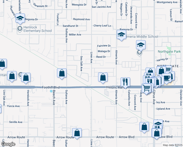 map of restaurants, bars, coffee shops, grocery stores, and more near 8005 Cajun Way in Fontana