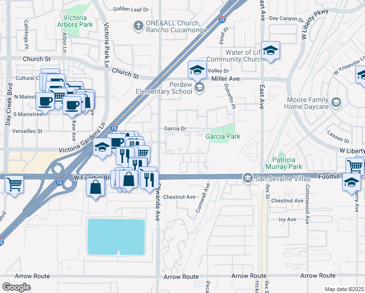 map of restaurants, bars, coffee shops, grocery stores, and more near 7951 Etiwanda Avenue in Rancho Cucamonga