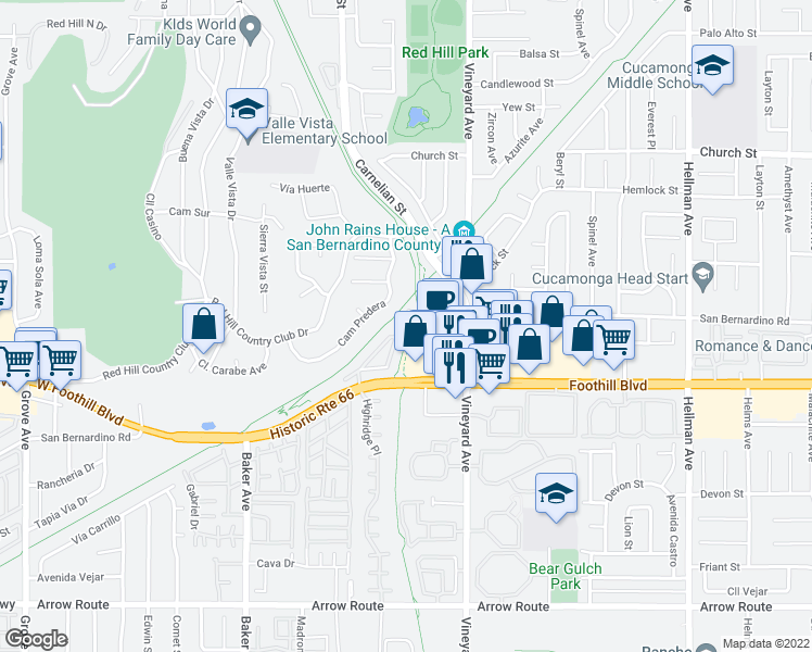 map of restaurants, bars, coffee shops, grocery stores, and more near 8013 City View Place in Rancho Cucamonga