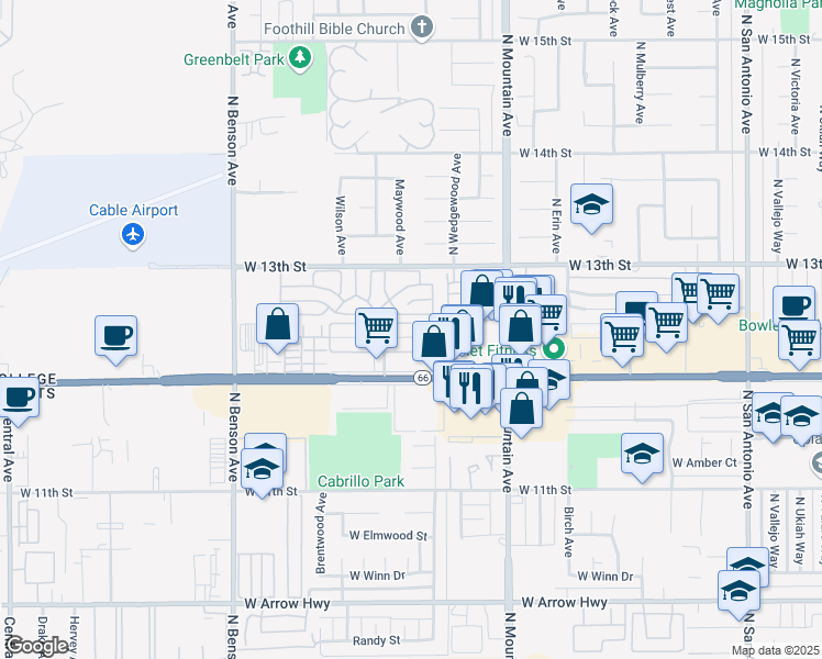 map of restaurants, bars, coffee shops, grocery stores, and more near 1319 Springfield Street in Upland