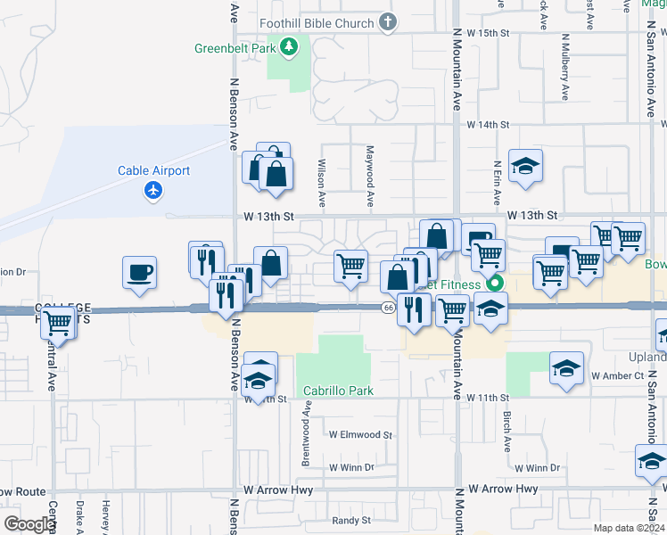 map of restaurants, bars, coffee shops, grocery stores, and more near 1429 Springfield Street in Upland