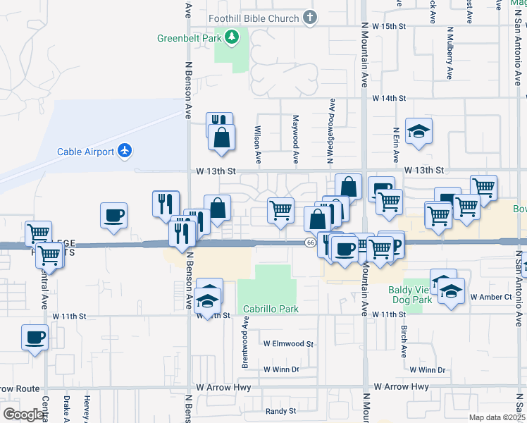 map of restaurants, bars, coffee shops, grocery stores, and more near 1429 Springfield Street in Upland