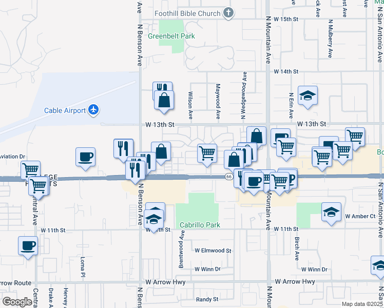 map of restaurants, bars, coffee shops, grocery stores, and more near 1429 Springfield Street in Upland