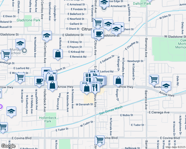 map of restaurants, bars, coffee shops, grocery stores, and more near 101 South Citrus Avenue in Azusa