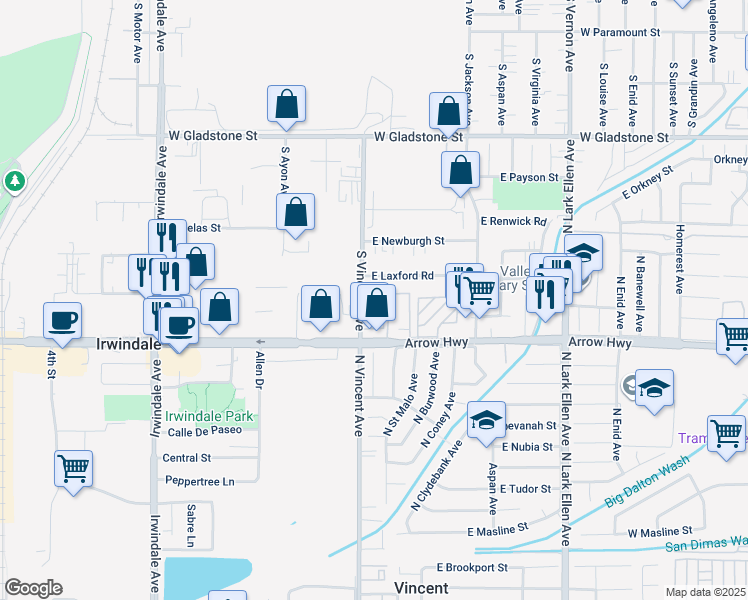 map of restaurants, bars, coffee shops, grocery stores, and more near 5257 South Vincent Avenue in Irwindale