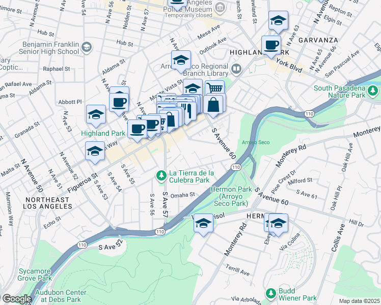 map of restaurants, bars, coffee shops, grocery stores, and more near 209 South Avenue 59 in Los Angeles
