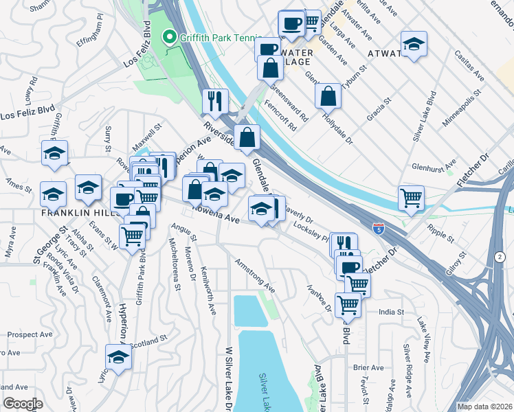 map of restaurants, bars, coffee shops, grocery stores, and more near 2818 1/2 Waverly Drive in Los Angeles