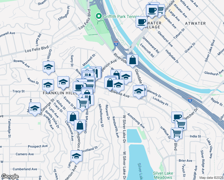 map of restaurants, bars, coffee shops, grocery stores, and more near 2928 Rowena Avenue in Los Angeles