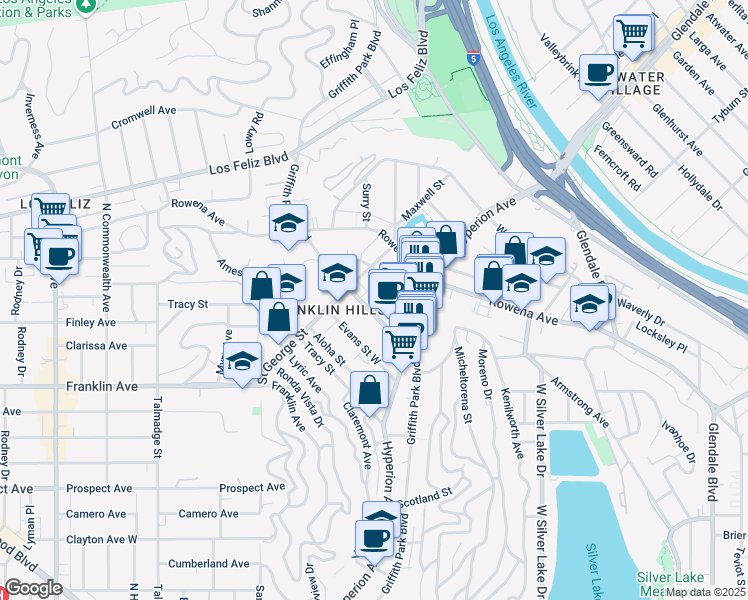 map of restaurants, bars, coffee shops, grocery stores, and more near 2820 Griffith Park Boulevard in Los Angeles