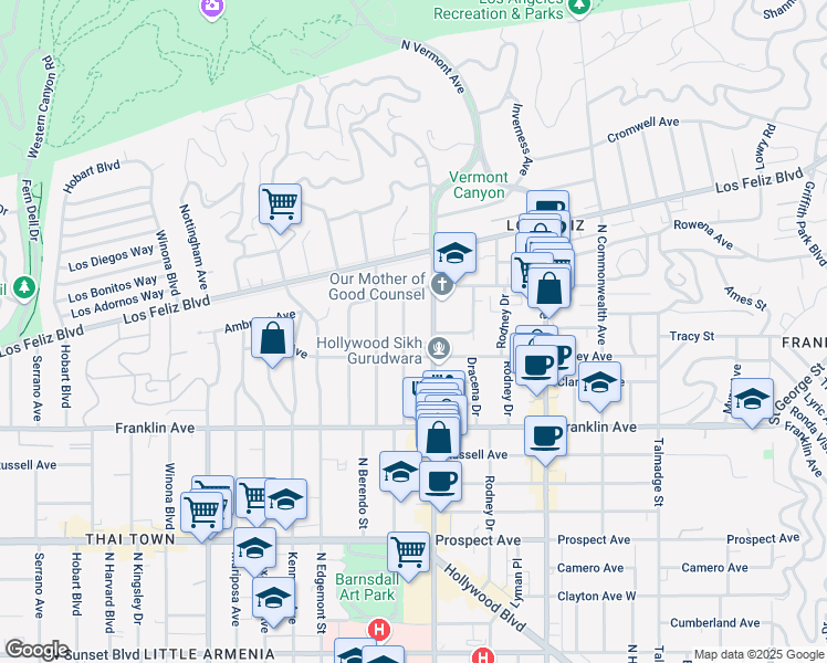 map of restaurants, bars, coffee shops, grocery stores, and more near 2025 North New Hampshire Avenue in Los Angeles