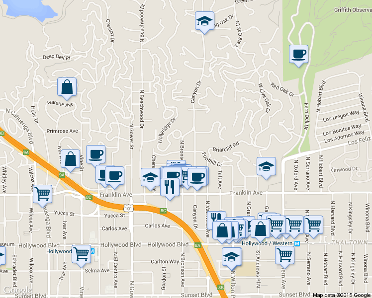 map of restaurants, bars, coffee shops, grocery stores, and more near 2101 Canyon Drive in Los Angeles