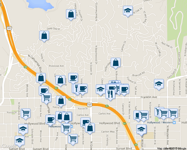 map of restaurants, bars, coffee shops, grocery stores, and more near 2047 North Beachwood Drive in Los Angeles