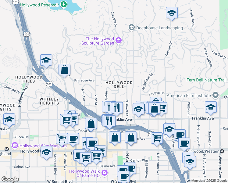 map of restaurants, bars, coffee shops, grocery stores, and more near 6226 Holly Mont Drive in Los Angeles