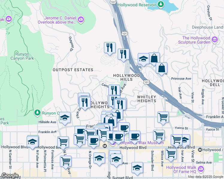 map of restaurants, bars, coffee shops, grocery stores, and more near 6830 Camrose Drive in Los Angeles