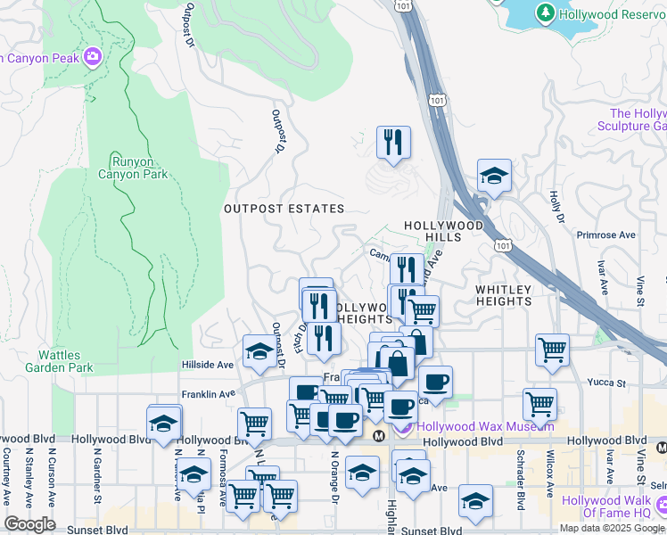 map of restaurants, bars, coffee shops, grocery stores, and more near 6933 Camrose Drive in Los Angeles