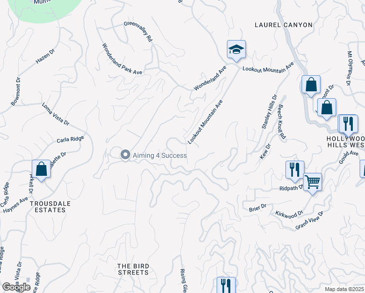 map of restaurants, bars, coffee shops, grocery stores, and more near 8764 Lookout Mountain Avenue in West Hollywood