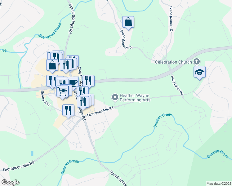 map of restaurants, bars, coffee shops, grocery stores, and more near 5374 Thompson Mill Road in Hoschton