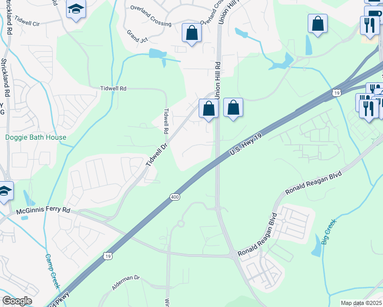 map of restaurants, bars, coffee shops, grocery stores, and more near 1360 Union Hill Road in Alpharetta