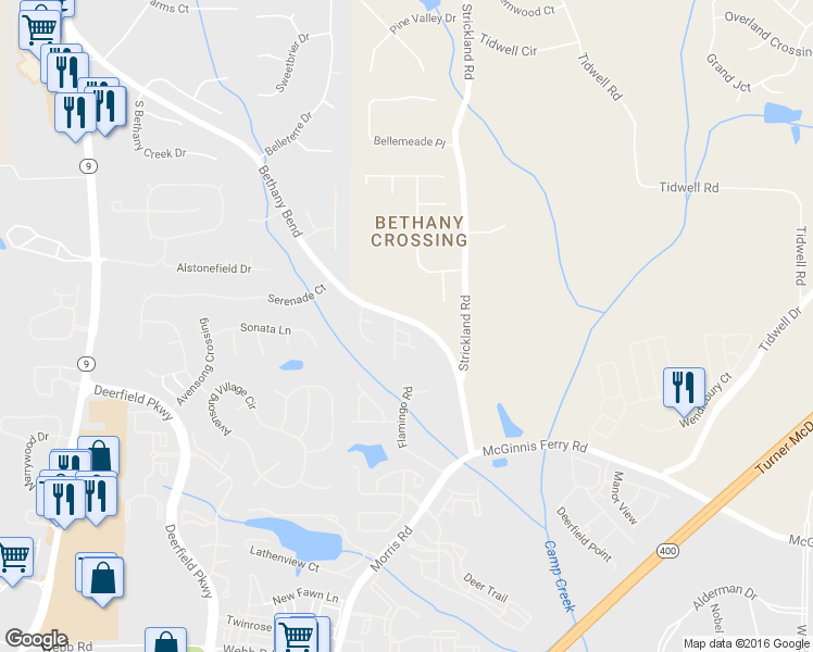 map of restaurants, bars, coffee shops, grocery stores, and more near 3516 Spring View Court in Alpharetta