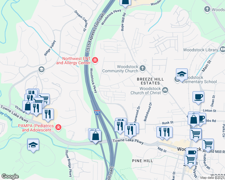 map of restaurants, bars, coffee shops, grocery stores, and more near 243 Commons Avenue in Woodstock