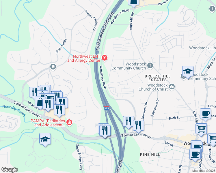 map of restaurants, bars, coffee shops, grocery stores, and more near 811 Atkins Lane in Woodstock