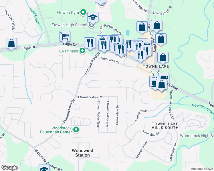 map of restaurants, bars, coffee shops, grocery stores, and more near 221 Eagle Glen Way in Woodstock