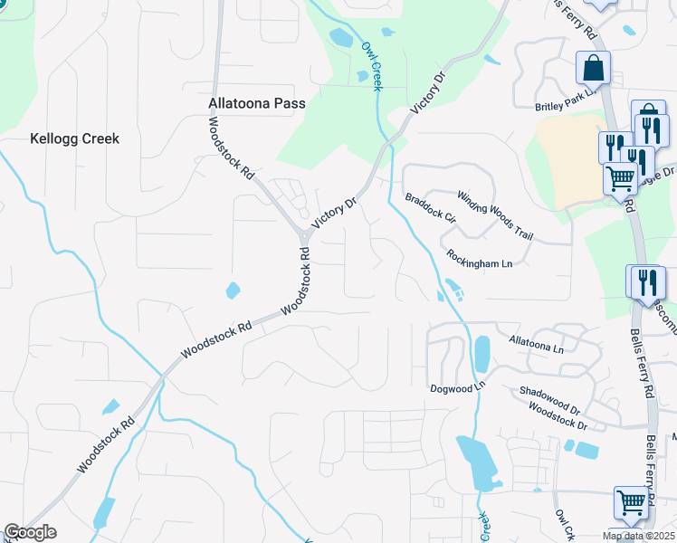 map of restaurants, bars, coffee shops, grocery stores, and more near 222 Gallant Fox Way in Acworth