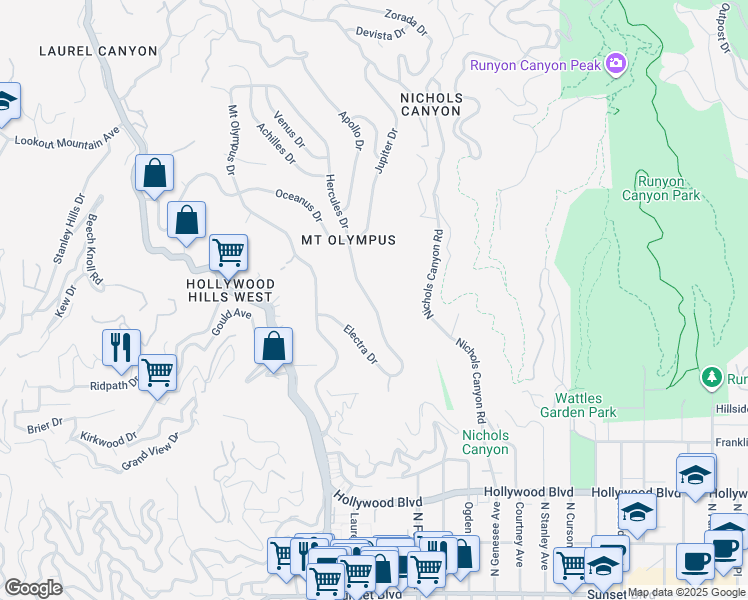 map of restaurants, bars, coffee shops, grocery stores, and more near 2110 Hercules Drive in Los Angeles