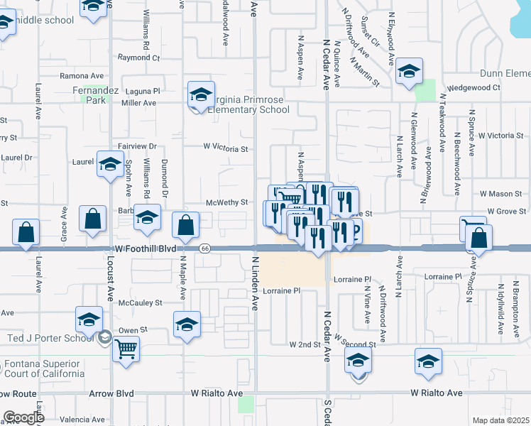 map of restaurants, bars, coffee shops, grocery stores, and more near 475 North Linden Avenue in Rialto