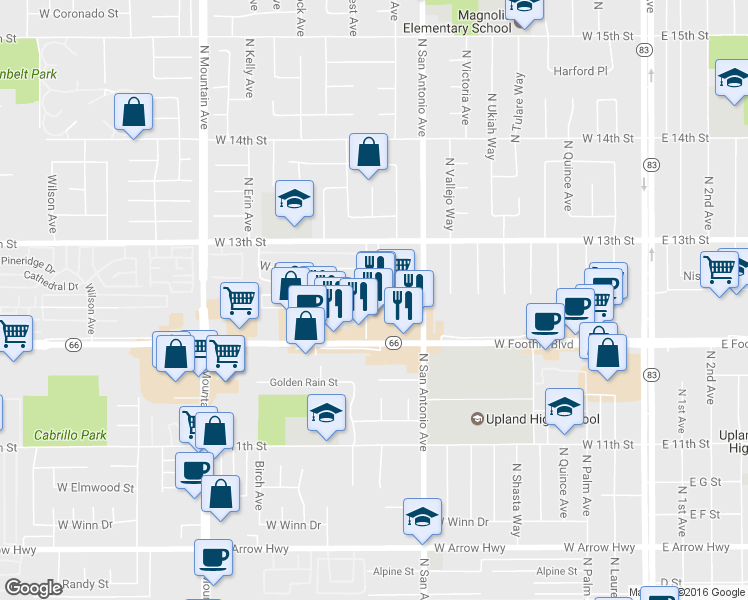map of restaurants, bars, coffee shops, grocery stores, and more near 901 West Foothill Boulevard in Upland