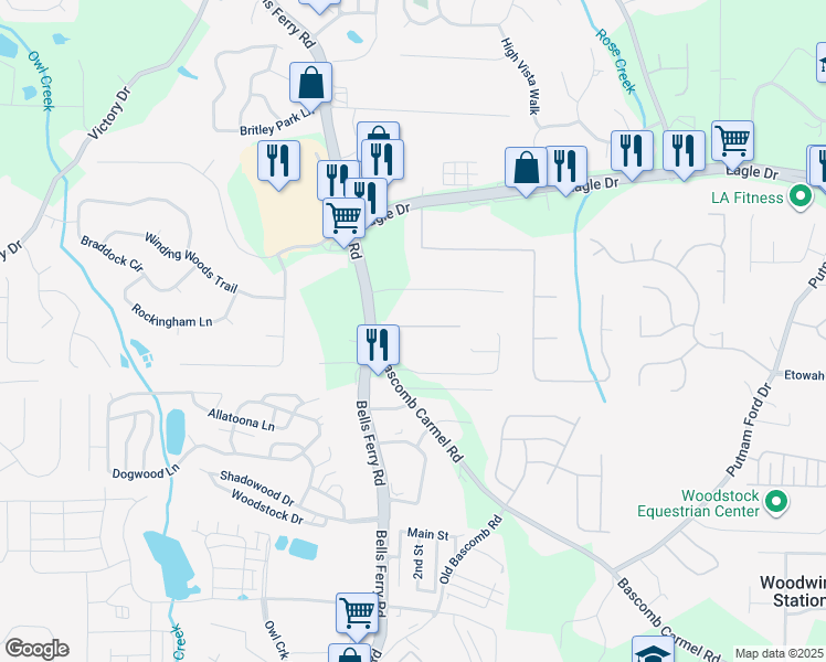 map of restaurants, bars, coffee shops, grocery stores, and more near 6400 Bells Ferry Road in Woodstock