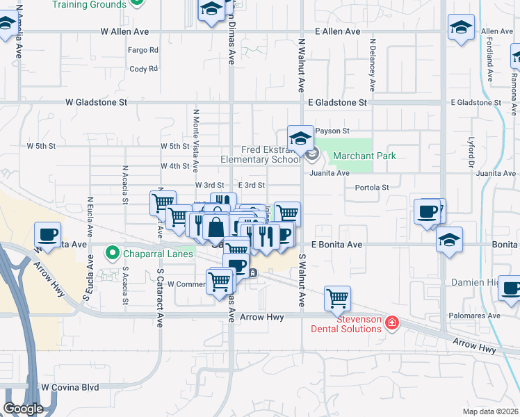 map of restaurants, bars, coffee shops, grocery stores, and more near 138 East 2nd Street in San Dimas