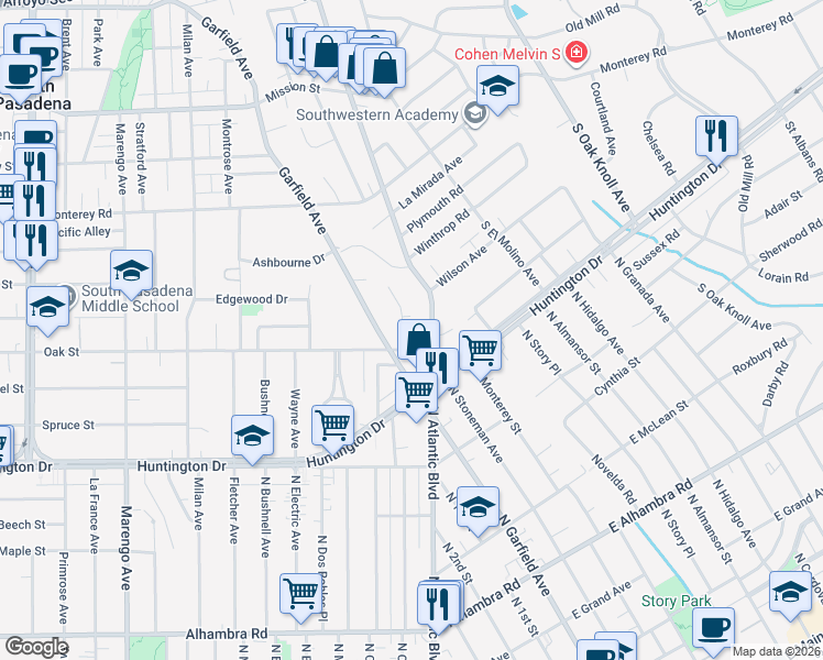 map of restaurants, bars, coffee shops, grocery stores, and more near 1520 Avonrea Road in San Marino