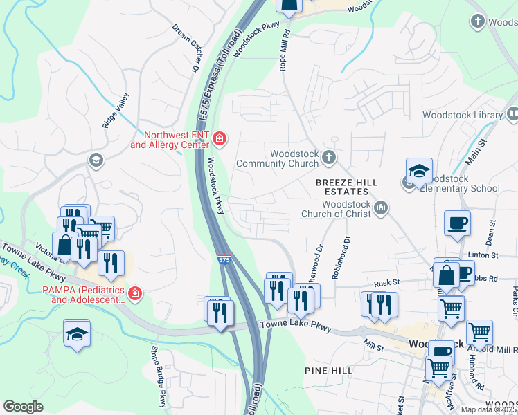 map of restaurants, bars, coffee shops, grocery stores, and more near 243 Commons Avenue in Woodstock