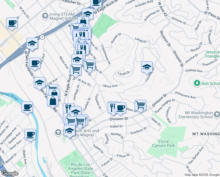 map of restaurants, bars, coffee shops, grocery stores, and more near 2314 Moss Avenue in Los Angeles