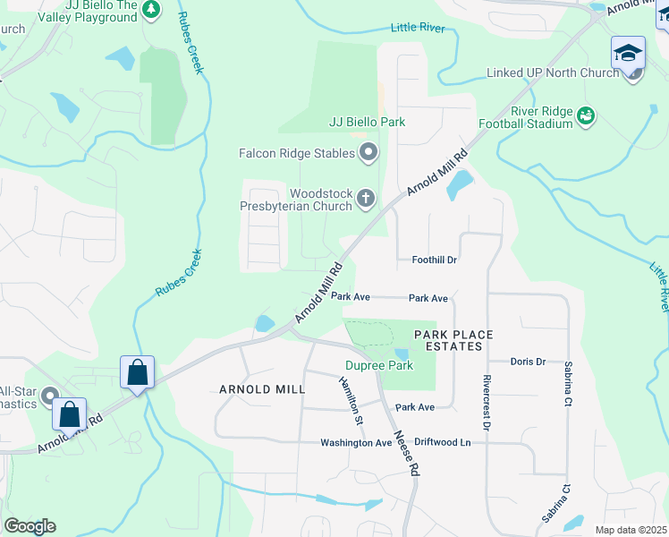 map of restaurants, bars, coffee shops, grocery stores, and more near 327 Arnold Mill Road in Woodstock