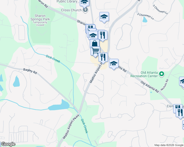 map of restaurants, bars, coffee shops, grocery stores, and more near 535 Andelle Avenue in Suwanee