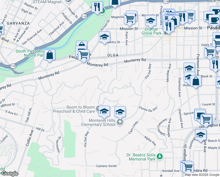 map of restaurants, bars, coffee shops, grocery stores, and more near 1344 Indiana Avenue in South Pasadena