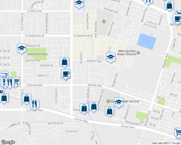 map of restaurants, bars, coffee shops, grocery stores, and more near 2602 Pattiglen Avenue in La Verne