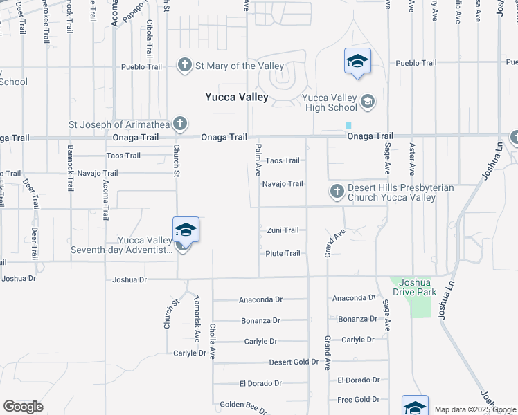 map of restaurants, bars, coffee shops, grocery stores, and more near Mountain View Trail in Yucca Valley